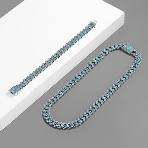 11mm zilveren Cubaanse ketting set met lichtblauwe strass voor hip hop herenmode stijl