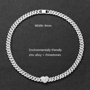 9mm Hip Hop Cuban chain necklace with iced out heart pendant in silver finish