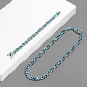 9mm Hip Hop Cuban Link Kette und Armband Set mit himmelblauen Strasssteinen
