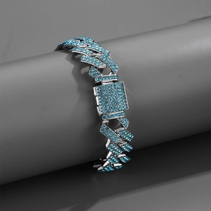 Bracciale a catena cubana hip hop in argento con diamanti blu cielo e fibbia quadrata