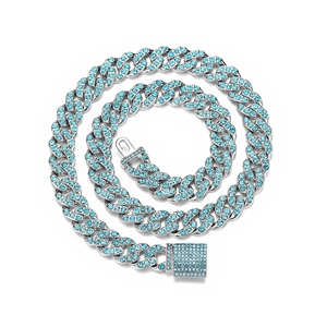 Iced Out Cubaanse Schakelketting Legering Zilver Sea Blue Strass Hip Hop Sieraden Voor Heren Dames Party Streetwear