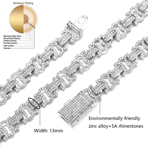 Chaîne cubaine hip hop argentée 13mm sertie de diamants 5A zircone pour hommes et femmes