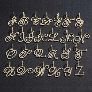 Full set of 26 gold cursive alphabet pendants with micro-pave white cubic zirconia stones