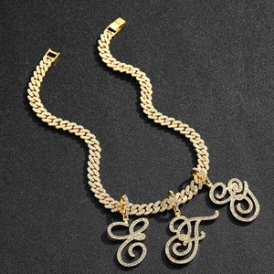 Hip hop gold Cuban chain necklace with iced out cursive letters E, F and G