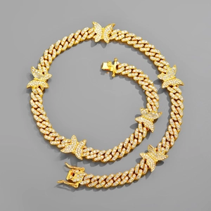 Collier Chaîne Cubaine Papillon Givré Hip Hop Couleur Or Strass Alliage Bijoux de Mode pour Femmes Hommes Bijoux de Fête