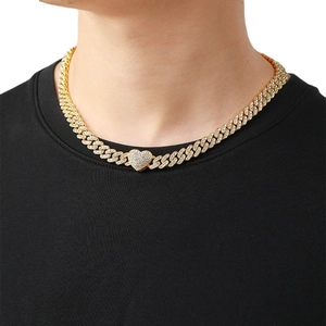 Hip-hop style 9mm gold Cuban chain necklace with iced-out heart pendant for men