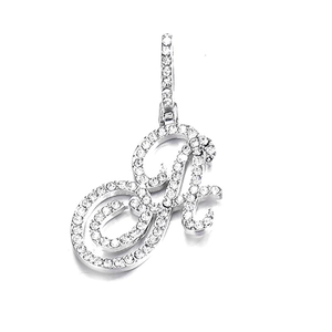 Detailed view of an iced out silver A letter pendant with micro-paved white rhinestones