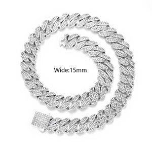 Collier chaîne Cuban Link Miami 15mm pour homme avec pavé de cristaux blancs en argent