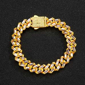 13mm hiphop Cubaanse schakelketting in goud met roze vierkante en heldere zirkoon
