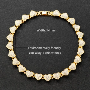 Collier à maillons cœur 14mm glacé en finition dorée avec strass brillants pour hommes