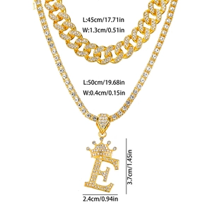 Gold layered hip hop chain set with Cuban link and iced out crown letter E pendant