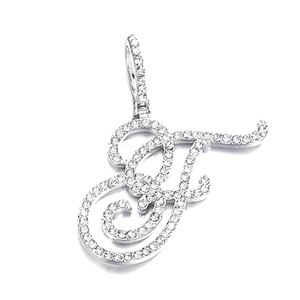 Detailed view of cursive letter F pendant with pave-set white crystals and silver finish