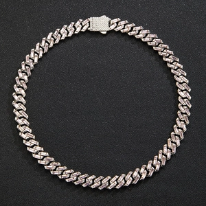 13mm zilveren Cubaanse schakelketting met roze baguette stenen voor heren