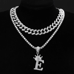 Hiphop silver Cuban and tennis chain set featuring iced out crown letter E pendant