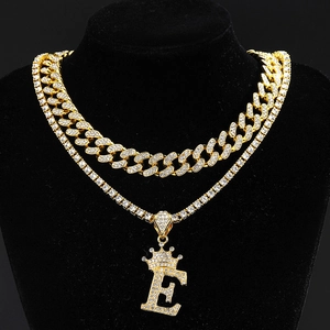 Hip hop gold layered chain set with iced out crown letter E pendant and cuban links