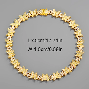 Luxueux collier cubain doré avec pendentifs papillons et cristaux brillants sertis