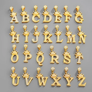 Hip Hop Alloy Rhinestone Crown Initial Letter Pendant Necklace Set Gold Silver Plated Cuban Link Chain Jewelry For Unisex