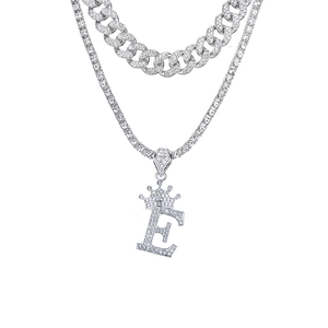 Silver hip hop double layer cuban tennis chain necklace with iced out crown letter E