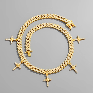 Gouden hip-hop Cubaanse schakelketting met kruisjes bezet met zirkonia en sterren