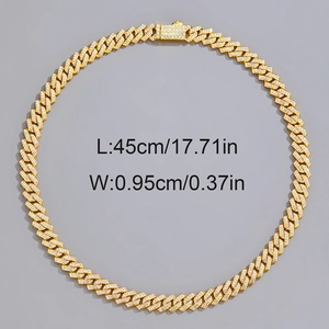 Chaîne cubaine 9,5 mm plaquée or avec zircons cubiques, collier de 45 cm unisexe