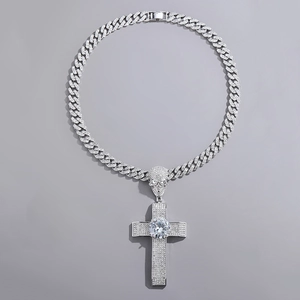 Hip hop iced out skull cross pendant with cuban link chain and white zircon inlay