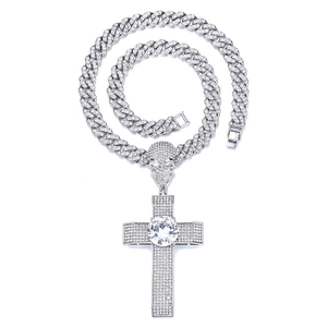 Hip hop silver Cuban link chain necklace with iced-out skull and cross pendant