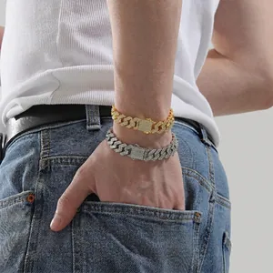 Collana a catena cubana hip hop da 14mm con cristalli incastonati in oro e argento