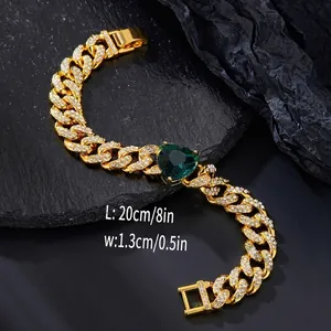 Mens iced out gold Cuban link bracelet with green heart emerald and full zircon stones