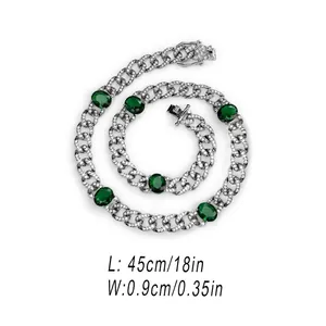Hip hop silver Cuban link necklace with green oval stones and clear pavé zircons