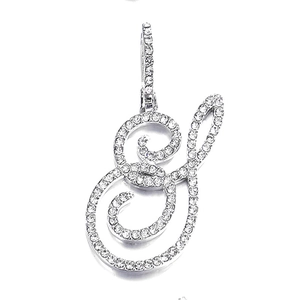 Macro view of silver cursive letter S pendant with sparkling zircon stones