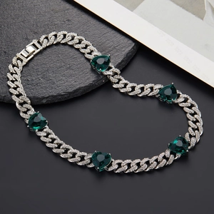 Hip Hop Miami Cuban Link Necklace Emerald Green Heart Zirconia Full Rhinestone Iced Out Chain For Party Jewelry