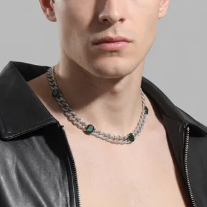 Luxury Iced Out Cuban Link Necklace Silver Tone Hip Hop Jewelry With Green Oval Zirconia Rhinestone Accents For Men Party