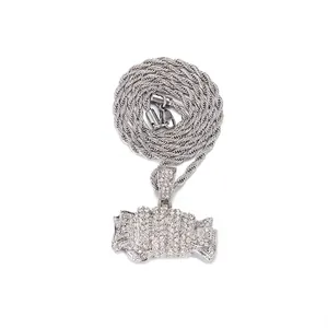 Pendentif rouleau de billets glacé avec zircons et chaîne corde argentée de style hip-hop