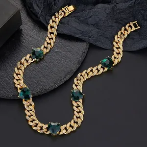 Men's gold-plated Cuban link necklace with iced-out crystals and green heart stones