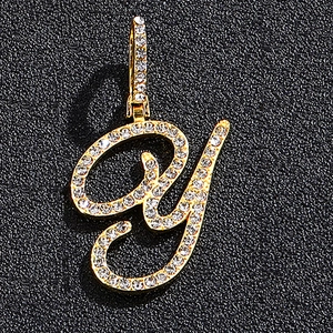 Detailed macro view of the gold-plated letter Y pendant with iced-out micro-pave zircons