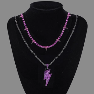 Ensemble de colliers double couche style hip hop avec pendentif éclair rose chic