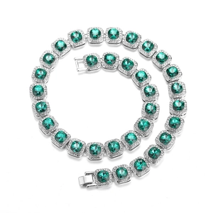 Hiphop Smaragdgroene Vierkante Edelsteen Halsketting Armband Set Strass Iced Out Cubaanse Schakel Zinklegering Luxe Sieraden Voor Heren Vrouwen