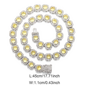 Collier hip hop 11mm avec zircons et pierres jaunes, base argentée, longueur 45cm