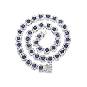 Hip hop silver chain necklace with square blue sapphire zircon units and pavé crystals