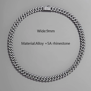 Iced out 9mm Cuban link chain necklace with 5A rhinestones in silver-tone alloy