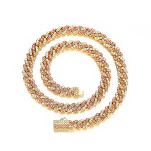 Detail of 9mm two-tone Cuban link chain with pink and clear rhinestones on white