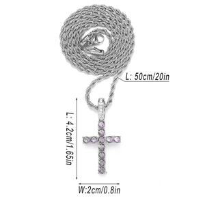 Detailed view of silver rope chain with purple zircon cross pendant showing dimensions