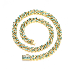 Hip hop Cuban chain necklace with 9mm gold base and blue-white sparkling rhinestones