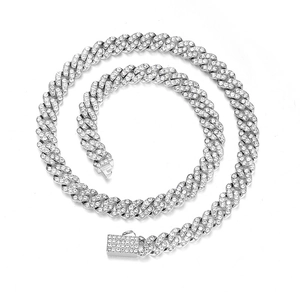 9mm silver hip hop Cuban link chain necklace with sparkling crystals on white background