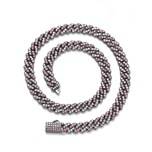 Close-up of 9mm Cuban link chain with pink and white rhinestones in gunmetal finish