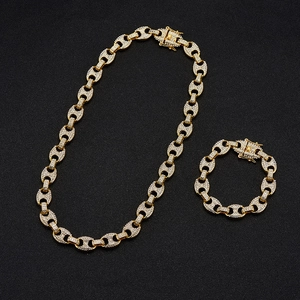 Hip-hop 13mm iced out gold marina link chain necklace and bracelet set with rhinestones