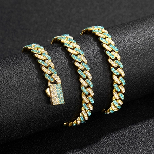 9mm gold hip hop cuban link chain necklace with sky blue and white rhinestones