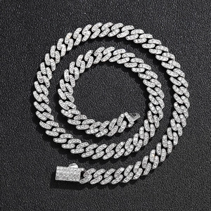 Hip hop style 9mm iced out Cuban link chain necklace with silver plated crystal rhinestones