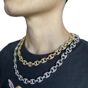 13mm hip hop pig nose link chain necklace in gold and silver with sparkling rhinestones