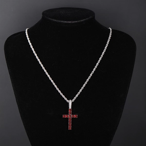 Hip hop silver twist chain cross pendant necklace with sparkling red zircon gemstones
